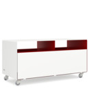 Meuble TV R 108N, Blanc pur (RAL 9010) - Rouge rubis (RAL 3003), Roulettes transparentes