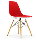 Eames Plastic Side Chair DSW, Blanc, Rembourrage intégral, Rouge / rouge coquelicot, Version basse - classique (41 cm), Érable nuance de jaune