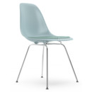 Eames Plastic Side Chair RE DSX, Gris bleuté, Avec coussin d'assise, Bleu glacier / ivoire, Version standard - 43 cm, Chromé