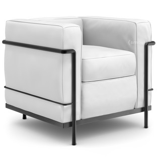 2 Fauteuil Grand Confort, petit modèle Laqué noir mat|Cuir Scozia|Blanc