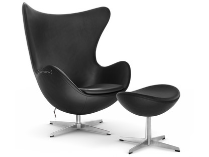 Fauteuil Egg (Oeuf) Cuir Essential|Noir|Aluminium satiné et poli|Avec repose-pied