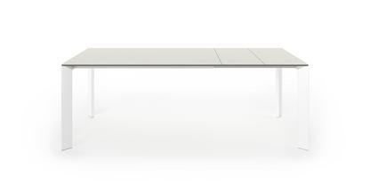 Table à manger Nori Stratifié gris sable|L 139-214 x L 90 cm|Aluminium laqué blanc