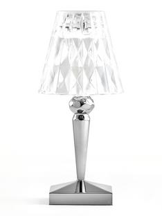 Lampe Battery Pied chromé, abat-jour cristal transparent