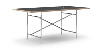 Table Eiermann Linoleum noir (Forbo 4023) avec bords en chêne|180 x 90 cm|Chromé|Oblique, centré (Eiermann 1)|110 x 66 cm