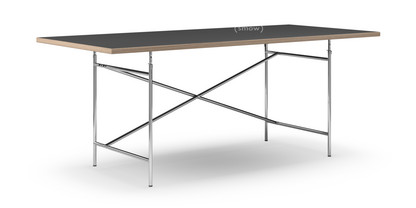 Table Eiermann Linoleum noir (Forbo 4023) avec bords en chêne|200 x 90 cm|Chromé|Vertical, décalé (Eiermann 2)|135 x 66 cm