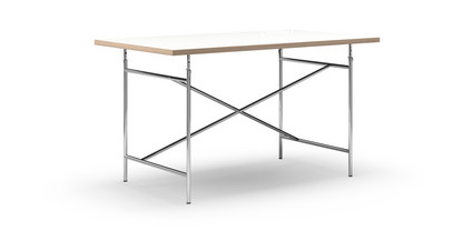 Table Eiermann Mélaminé blanc avec bords chêne|140 x 80 cm|Chromé|Oblique, centré (Eiermann 1)|110 x 66 cm