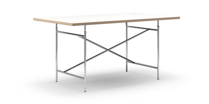 Table Eiermann Mélaminé blanc avec bords chêne|160 x 90 cm|Chromé|Oblique, centré (Eiermann 1)|110 x 66 cm