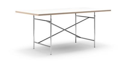Table Eiermann Mélaminé blanc avec bords chêne|180 x 90 cm|Chromé|Oblique, centré (Eiermann 1)|110 x 66 cm