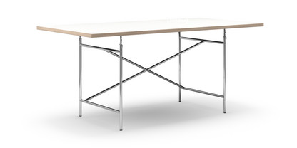 Table Eiermann Mélaminé blanc avec bords chêne|180 x 90 cm|Chromé|Oblique, décalé (Eiermann 1)|110 x 66 cm