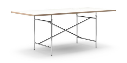 Table Eiermann Mélaminé blanc avec bords chêne|200 x 90 cm|Chromé|Oblique, centré (Eiermann 1)|110 x 66 cm