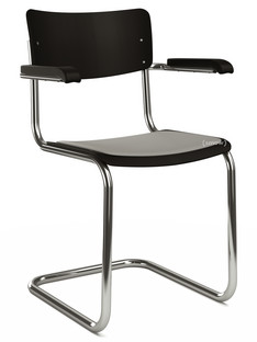 S 43 F Classique Piétement chromé|Hêtre laqué|Noir profond (RAL 9005) |Coussin d'assise avec rembourrage mélange gris clair|Patins en plastique noir avec feutre