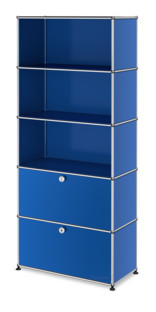 Étagère USM Haller M, personnalisable Bleu gentiane RAL 5010|Ouvert|Ouvert|Avec porte abattante|Avec porte abattante