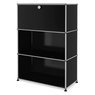 Meuble de rangement Highboard M USM Haller, personnalisable Noir graphite RAL 9011|Avec porte abattante|Ouvert|Ouvert