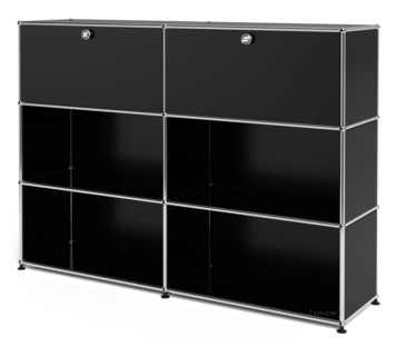 Meuble mixte Highboard L USM Haller, personnalisable Noir graphite RAL 9011|Avec 2 portes abattantes|Ouvert|Ouvert