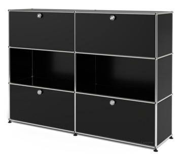 Meuble mixte Highboard L USM Haller, personnalisable Noir graphite RAL 9011|Avec 2 portes abattantes|Ouvert|Avec 2 portes abattantes