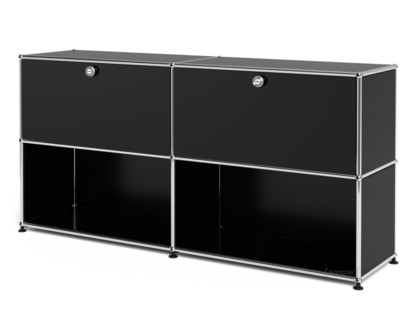 Meuble de rangement Sideboard L USM Haller, personnalisable Noir graphite RAL 9011|Avec 2 portes abattantes|Ouvert