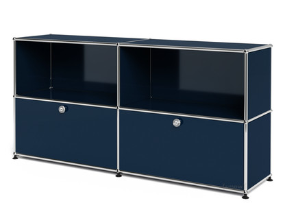 Meuble de rangement Sideboard L USM Haller, personnalisable Bleu acier RAL 5011|Ouvert|Avec 2 portes abattantes