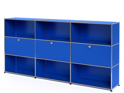 Meuble mixte Highboard XL USM Haller, personnalisable Bleu gentiane RAL 5010|Ouvert|Avec 3 portes abattantes|Ouvert