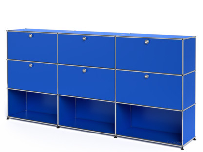 Meuble mixte Highboard XL USM Haller, personnalisable Bleu gentiane RAL 5010|Avec 3 portes abattantes|Avec 3 portes abattantes|Ouvert