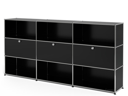 Meuble mixte Highboard XL USM Haller, personnalisable Noir graphite RAL 9011|Ouvert|Avec 3 portes abattantes|Ouvert
