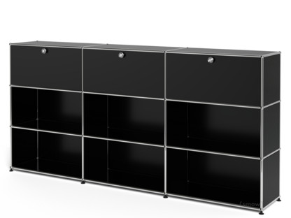 Meuble mixte Highboard XL USM Haller, personnalisable Noir graphite RAL 9011|Avec 3 portes abattantes|Ouvert|Ouvert
