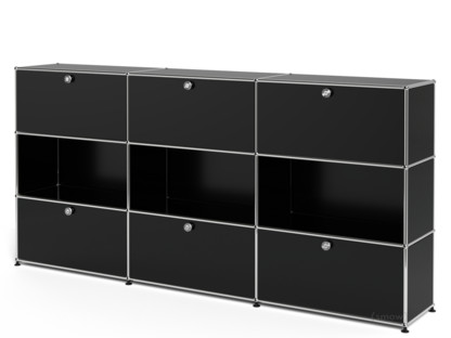 Meuble mixte Highboard XL USM Haller, personnalisable Noir graphite RAL 9011|Avec 3 portes abattantes|Ouvert|Avec 3 portes abattantes