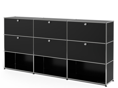 Meuble mixte Highboard XL USM Haller, personnalisable Noir graphite RAL 9011|Avec 3 portes abattantes|Avec 3 portes abattantes|Ouvert
