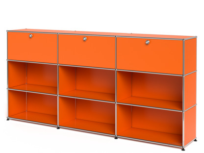 Meuble mixte Highboard XL USM Haller, personnalisable Orange pur RAL 2004|Avec 3 portes abattantes|Ouvert|Ouvert