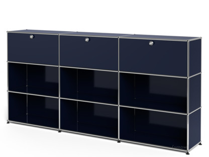 Meuble mixte Highboard XL USM Haller, personnalisable Bleu acier RAL 5011|Avec 3 portes abattantes|Ouvert|Ouvert