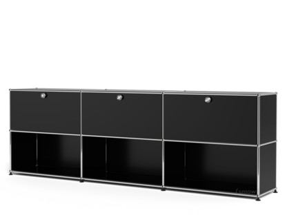 Meuble mixte Sideboard XL USM Haller, personnalisable Noir graphite RAL 9011|Avec 3 portes abattantes|Ouvert