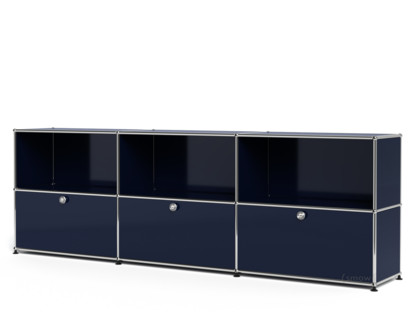 Meuble mixte Sideboard XL USM Haller, personnalisable Bleu acier RAL 5011|Ouvert|Avec 3 portes abattantes