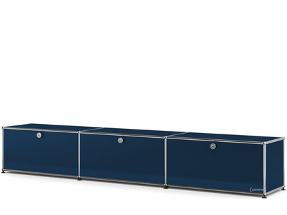 Meuble bas Lowboard XL USM Haller, personnalisable Bleu acier RAL 5011|Avec 3 portes abattantes|35 cm
