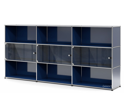 Meuble mixte XL avec 3 portes vitrées USM Haller Avec poignée sans serrure|Bleu acier RAL 5011