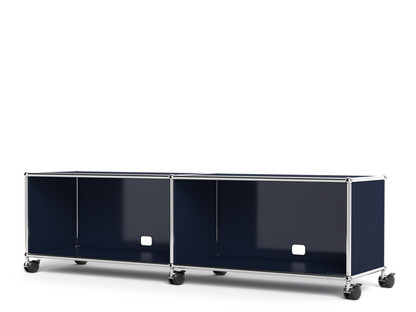 Meuble bas Lowboard TV/HIFI USM Haller, personnalisable Bleu acier RAL 5011|Ouvert|Avec passe-câbles au centre bas