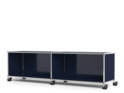 Meuble bas Lowboard TV/HIFI USM Haller, personnalisable Bleu acier RAL 5011|Ouvert|Sans passe-câbles