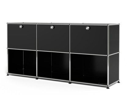 Meuble mixte Sideboard 50 USM Haller, personnalisable Noir graphite RAL 9011|Avec 3 portes abattantes|Ouvert