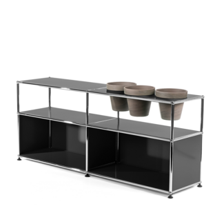 Meuble Sideboard USM Haller pour plantes Anthracite RAL 7016|Ouvert|Avec 3 pots sur la droite|Basalte