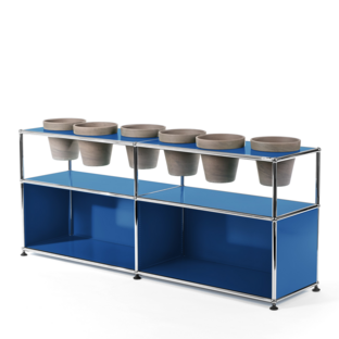 Meuble Sideboard USM Haller pour plantes Bleu gentiane RAL 5010|Ouvert|Avec 6 pots|Basalte