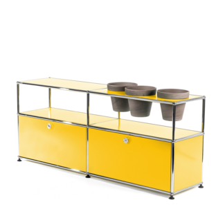 Meuble Sideboard USM Haller pour plantes Jaune or RAL 1004|Avec 2 portes abattantes|Avec 3 pots sur la droite|Basalte