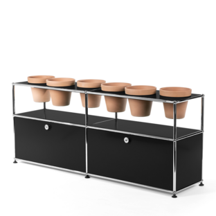 Meuble Sideboard USM Haller pour plantes Noir graphite RAL 9011|Avec 2 portes abattantes|Avec 6 pots|Terre cuite