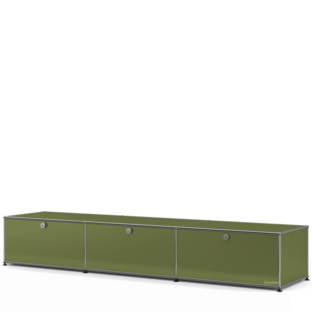 Meuble bas Lowboard XL USM Haller, Édition vert olive, personnalisable Avec 3 portes abattantes|50 cm