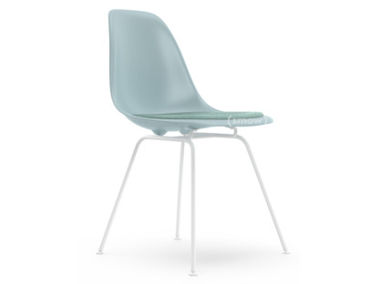 Eames Plastic Side Chair RE DSX Gris bleuté|Avec coussin d'assise|Bleu glacier / ivoire|Version standard - 43 cm|Revêtement blanc