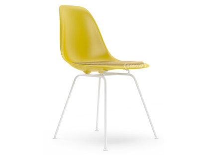 Eames Plastic Side Chair RE DSX Moutarde|Avec coussin d'assise|Moutarde / ivoire|Version standard - 43 cm|Revêtement blanc