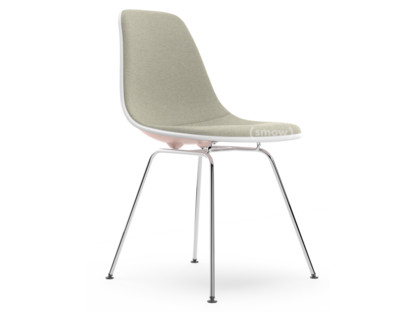 Eames Plastic Side Chair RE DSX Rose pâle|Rembourrage intégral|Gris chaud / ivoire|Version standard - 43 cm|Chromé