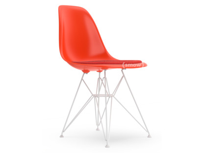 Eames Plastic Side Chair RE DSR Rouge (rouge coquelicot)|Avec coussin d'assise|Corail / rouge coquelicot|Version standard - 43 cm|Revêtement blanc
