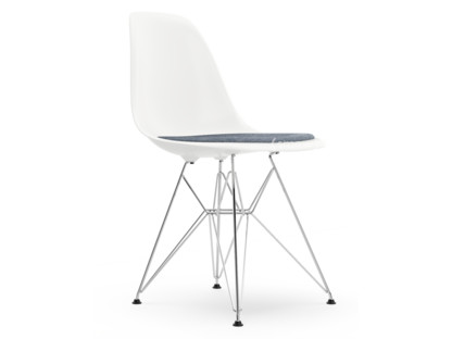Eames Plastic Side Chair RE DSR Blanc|Avec coussin d'assise|Bleu foncé / ivoire|Version standard - 43 cm|Chromé