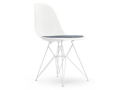 Eames Plastic Side Chair RE DSR Blanc|Avec coussin d'assise|Bleu foncé / ivoire|Version standard - 43 cm|Revêtement blanc