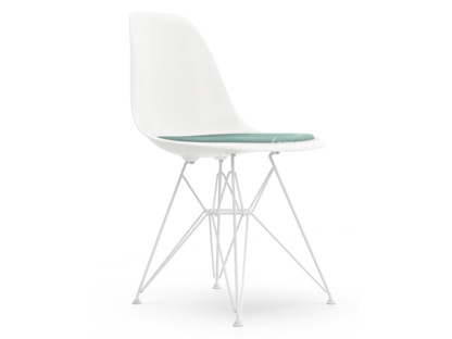 Eames Plastic Side Chair RE DSR Blanc|Avec coussin d'assise|Bleu glacier / ivoire|Version standard - 43 cm|Revêtement blanc