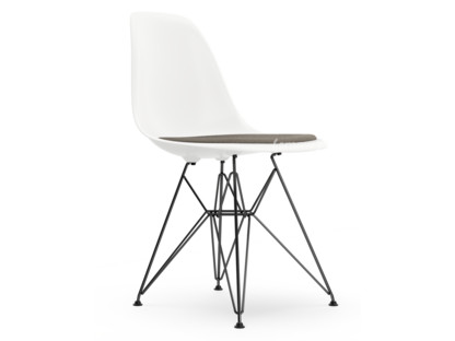 Eames Plastic Side Chair RE DSR Blanc|Avec coussin d'assise|Gris chaud / marron marais|Version standard - 43 cm|Revêtement basic dark