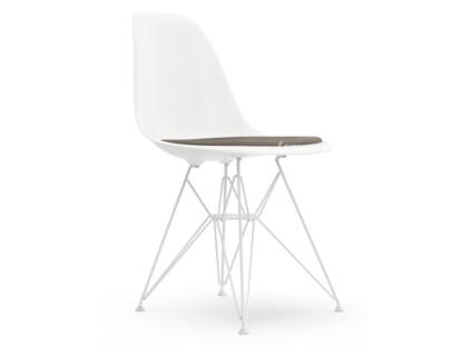 Eames Plastic Side Chair RE DSR Blanc|Avec coussin d'assise|Gris chaud / marron marais|Version standard - 43 cm|Revêtement blanc